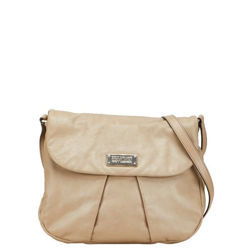 Marc Jacobs Leather Logo Plate Shoulder Bag Greige